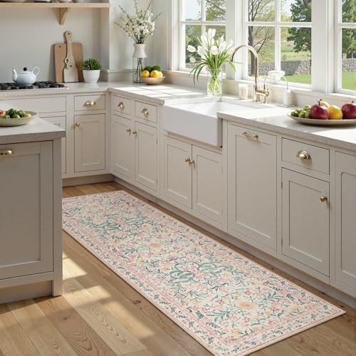 Morebes Boho Hallway Runner Rug 2x6, Pink Floral Kitchen Runner Rugs for Bedroom Girls, Washable Non Slip Super Soft Indoor Throw Carpet for Bathroom Laundry Room Entryway