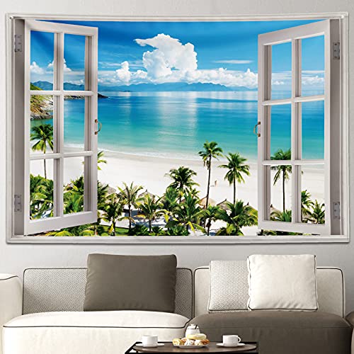 GOURIDA Ocean Beach Tapestry Wall Hanging Blue Sea Tropic Island Paradise Summer Coconut Tree Palm Seaside Window Nature for Bedroom Aesthetic ,61 W x 41 H inch