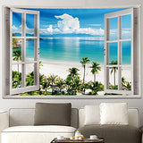 GOURIDA Ocean Beach Tapestry Wall Hanging Blue Sea Tropic Island Paradise Summer Coconut Tree Palm Seaside Window Nature for Bedroom Aesthetic ,61 W x 41 H inch