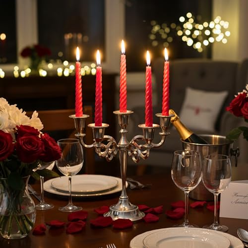 5 Arm Candelabra Taper Candle Holders Decorations Indoor Kitchen Décor Table Candles Candlestick Candelabra Centerpiece (Silver)
