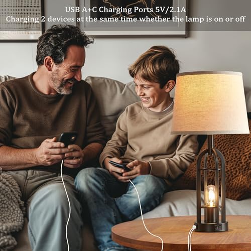 Black Table Lamps for Living Room Set of 2 - Farmhouse Lamps for Night Stands with USB A+C, Bedside Lamps for Bedroom, 24'' Industrial Lamp for Living Room End Tables