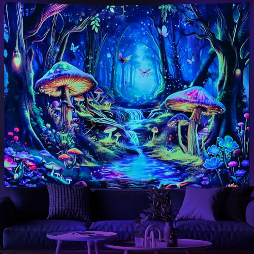 Maccyafst Blacklight Mushroom Tapestry UV Reactive Misty Forest Landscape Tapestry Fantasy Fairy Wonderland Butterflies Wall Hanging Waterfall Jungle Plants Backdrop for Bedroom