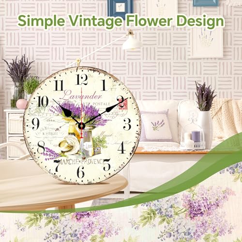 TAHEAT Lavender Wall Clock, Small Vintage Floral Provence Kitchen Clocks, Retro Rustic Battery Operated Wall Clocks for Living Room Bedroom Bathroom Office, 8 Inch