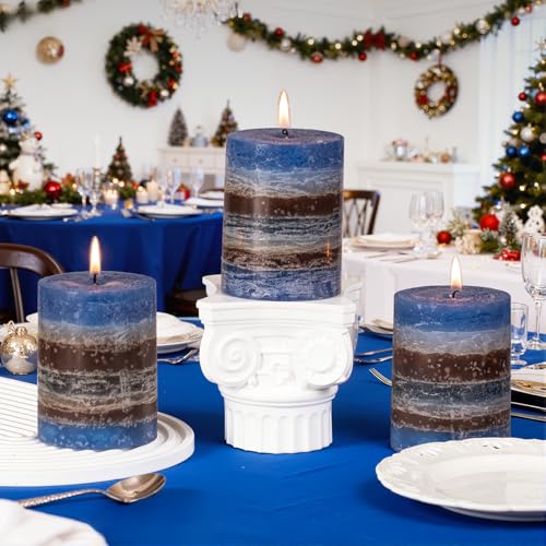 Layered Pillar Candles Set of 3, 3"x 4" Table Decor Blue Coffee
