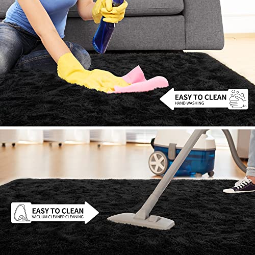 Tepook Super Soft Fluffy Rug for Bedroom, Modern Shaggy Fuzzy Kids Rugs for Living Room, Plush Indoor Nursery Home Decor Dorm Carpet with Non-Slip Bottom, Black, 4 X 6 Feet