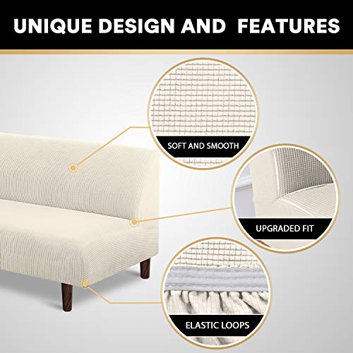 Stretch Armless Futon Cover Futon Slipcover Full Queen Size Couch Cover Futon Sofa Bed Cover Furniture Protector with Elastic Bottom, Machine Washable, Biscotti Beige