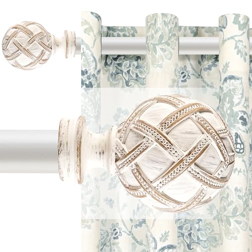 Single Curtain Rod for Windows 28 to 48 Inches(2.3-4ft): 1 inch Diameter Adjustable Curtain Rod, Heavy Duty Curtain Rod with Netted Texture Finials, Size:18-64(weathered white)