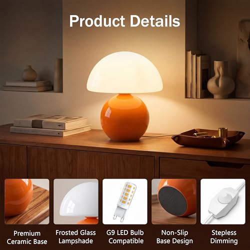 Mushroom Lamp Table Lamp for Bedroom,Desk Bedside Small Lamps for Living Room Night Stands,Mushroom Decor Cute Mini Modern Mid Century Lamps,Unique Aesthetic Home Living Room Decor(Orange)