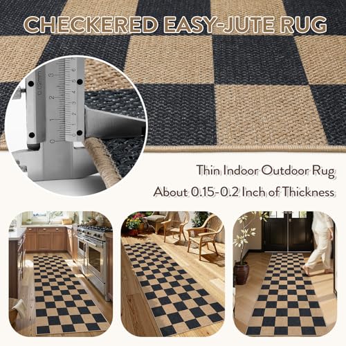 Lahome Checkered Easy Jute Kitchen Runner Rug, 2x8 Outdoor Rugs Washable