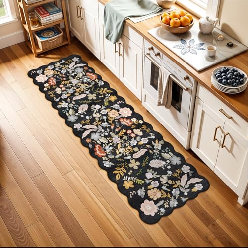 2x6 Scalloped Hallway Runner Rug: Non-Slip Washable Floral Area Rug Black