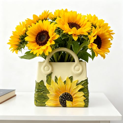 Small Purse Vase for Flowers - Sunflower Cute Handbag Flower Vase for Modern Table Centerpiece Decor, Unique Beige Resin Vases for Party, Kitchen, Bouquet, Bedroom, Livingroom