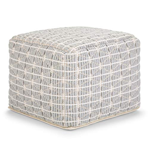 SIMPLIHOME Noreen Square Pouf - 18 inch Wide Upholstered Handwoven Cotton Ottoman in Light Blue and White, Boho Footstool or Extra Seating for Living Room with Polystyrene Filling, Assembled