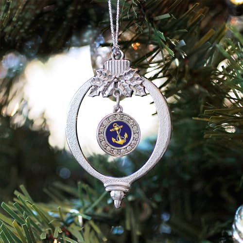 Inspired Silver - Navy Anchor - Silver Christmas Ornament - Circle Charm Christmas Tree Ornament with Cubic Zirconia - Holiday Hanging Decoration