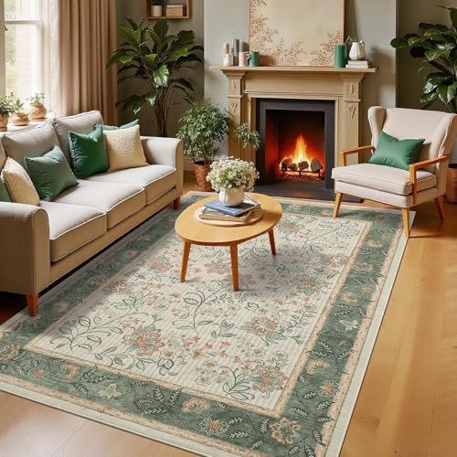 GarveeHome 5x7 Area Rug Sage Green Washable Rugs for Living Room Bedroom, Soft Low Pile Non Slip French Country Floor Mat Botanical Floral Print Throw Rug Indoor Carpet Dining Room Playroom