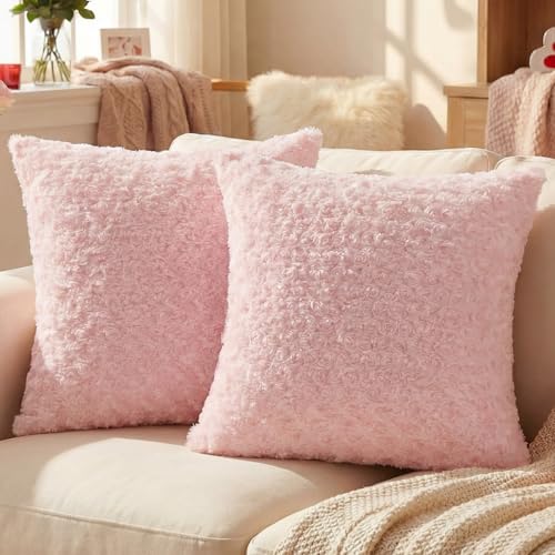 FUTEI Pack of 2 Solid Throw Pillow Covers 18x18 Inch Soft Rose Swirl Textured Decorative Cushion Case Modern Farmhouse Accent Decor for Couch Bed Living Room, Pink