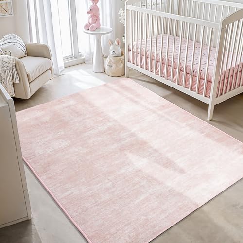 5x7 Washable Area Rug, Pink Solid Area Rugs for Living Room & Bedroom