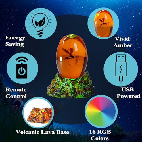 Jurassic 3D Mosquito in Amber Resin, Mosquito Resin with Volcanic Lava Lamp Base with Remote 16 Colors Flashing RGB Dimmable, True 3D 3.3 Inches Tall Dinosaur DNA Replica Paper Weight Gifts
