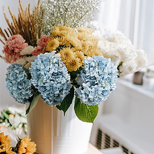 Kisflower Blue Hydrangea Artificial Flowers 6pcs Faux Hydrangea Flowers, Fake Flowers for Table Centerpiece, Blue Silk Hydrangea Flowers with Stems for Home Wedding Party Decor
