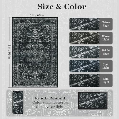 Vintage Dark Area Rugs 5x8, Non Slip Washable Rug for Living Room Bedroom, Medallion Distressed Printed Low Pile Thin Carpet Rugs for Dining Room/Kitchen/Home Office, Black and White