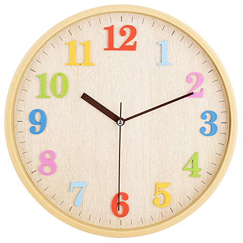Topkey 12" Wooden Look Wall Clock Silent Non-Ticking 3D Numbers Colorful Decorative Round Clock for Living Room, Bedroom and Office Battery Not Included - Light Brown