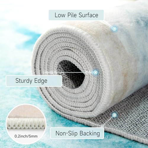 Beach Pattern 2.6x10ft Runner Rug Non Slip Washable Kitchen Runner Rug with Rubber Backing，Low-Pile Soft Washable Runner Rugs for Hallway Entryway Kitchen Bedroom Living Room Bathroom