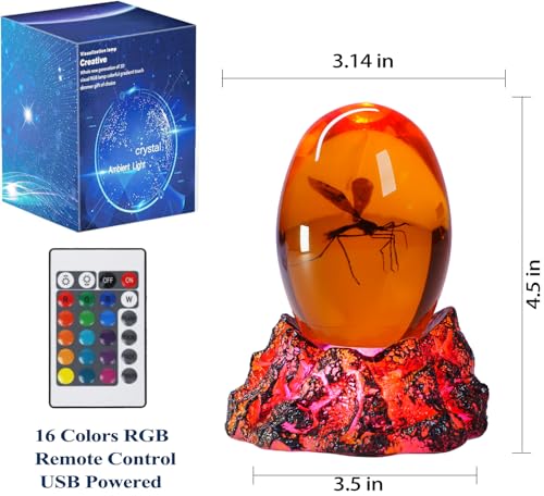 Jurassic 3D Mosquito in Amber Resin, Mosquito Resin with Volcanic Lava Lamp Base with Remote 16 Colors Flashing RGB Dimmable, True 3D 3.3 Inches Tall Dinosaur DNA Replica Paper Weight Gifts