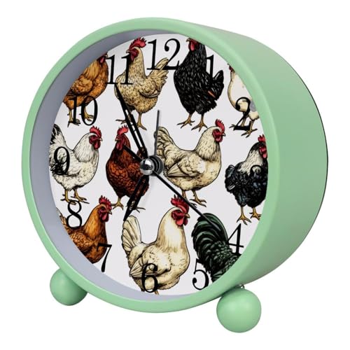 4.3" Analog Alarm Clock Silent Non Ticking, Small Clock with Night Light Battery Operated, Gentle Wake, Easy Set and Read (Chicken Rooster Hen Breeds Farm Animals Collection)