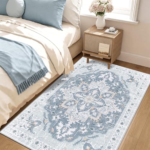 3x5 Washable Rug, Vintage Medallion Small Carpet for Living Room and Bedroom, Low Pile Indoor Entryway Rug with Non-Slip Silicone Backing, Non-Shedding, Blue/Gray