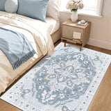 3x5 Washable Rug, Vintage Medallion Small Carpet for Living Room and Bedroom, Low Pile Indoor Entryway Rug with Non-Slip Silicone Backing, Non-Shedding, Blue/Gray