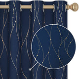 Deconovo Blackout Curtains 2 Panels for Bedroom and Living Room, Gold Foil Wave Lines and Dots, Thermal Insulated Room Darkening Grommet Window Drapes for Nursery, Navy Blue, 52W x 84L Inch