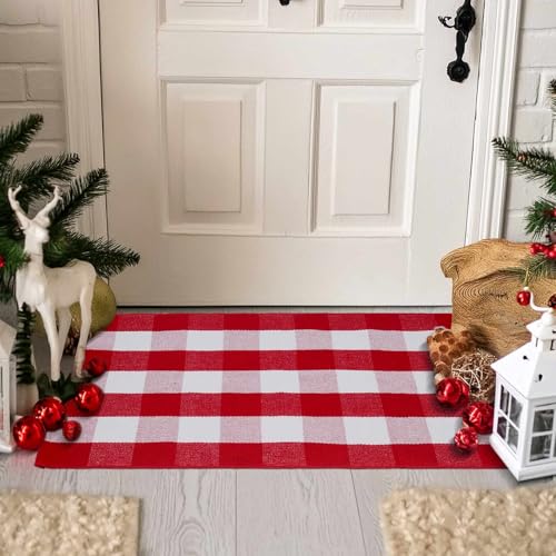 Christmas Red and White Plaid Rug 27.5 x 43 Inches, Hand-Woven Indoor/Outdoor Layered Cotton Blend Buffalo Plaid Rug, Washable Front Door Mat, Perfect for Porch, Living Room, Entryway