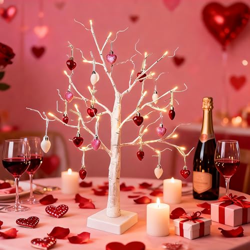 HipTree 2-Pack Lighted Patriotic Christmas Fall Halloween Tree Decorations Indoor, 2ft Birch Tree with LED Lights, Small Tabletop Easter Valentines Day Mothers Day Tree with Lights,Battery- Powered