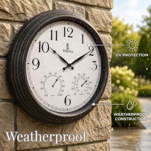 18 inch Outdoor Clocks for Patio Large Waterproof with Thermometer - Black Indoor Outdoor Clock with Temperature and Humidity for Wall - Weatherproof, Accurate & Easy to Read for Pool, Patio & Garden