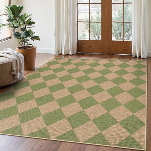 Lahome Checkered Easy Jute 5x7 Area Rug, Outdoor Patio Rugs Washable Green