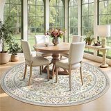 6FT Round Area Rugs, Machine Washable Low Pile Floral Rugs for Living Room, Bedroom, Large Boho Area Rug with Non-Slip Backing for Dining Room(Beige Floral)