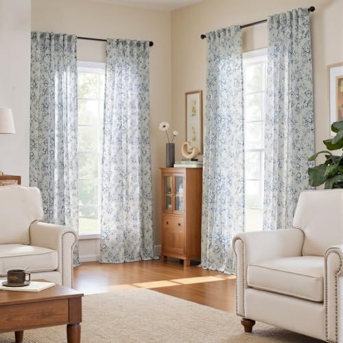 Vangao Linen Floral Curtains for Living Room 84 Inch Length Toile Blue and White Drapes French Country Back Tab Light Filtering Printed Farmhouse Bedroom Rod Pocket Window Treatments 2 Panels