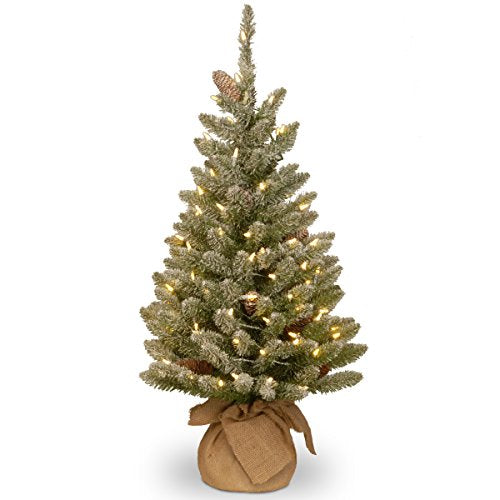 National Tree Company 3 ft Pre-Lit Mini Flocked Artificial Christmas Tree, Pinecones, 50 Clear LED Lights, Timer, 130 Tips, Burlap Base, Green