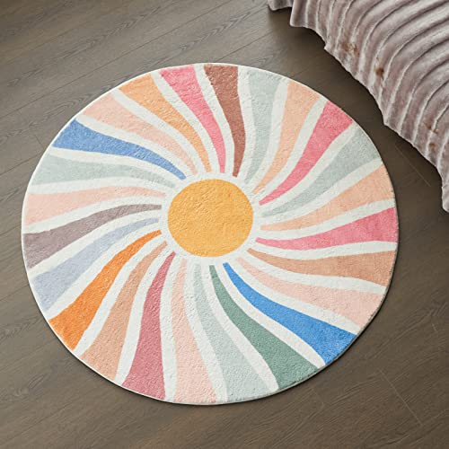 Topotdor Sun Rainbow Round Rug,Colorful Boho Kids Rug Ultra Soft Washable Nursery Rug for Bedroom Perschool Classroom,47" Round