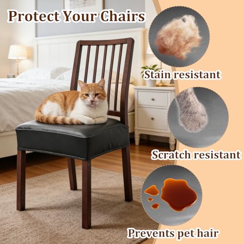 6 Pack Leather Chair Cover, Black PU Dining Chair Seat Covers, Stretch Fit Seat Covers for Dining Chairs, 15-19 Inch Chair Seat Slipcovers for Kitchen, Dining Room, Pets, Everyday Use