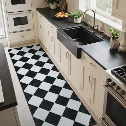 Checkered Print Runners for Hallways 2.5x8, Ultra Thin Black Kitchen Runners Non Skid Washable 8 ft, Modern Diamond Stain Resistant Low Pile Carpet for Bathroom Entryway Bedroom Laundry