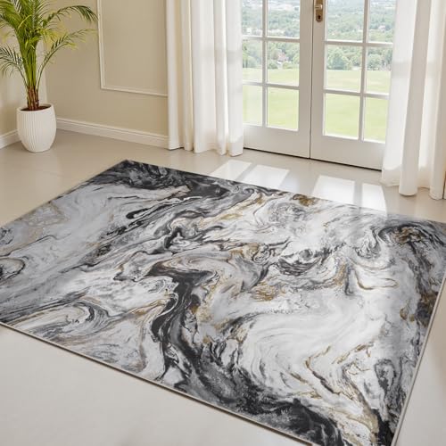 PADOOR Abstract 3'x5' Area Rug, Washable Non-Slip Low Pile, Marble Black