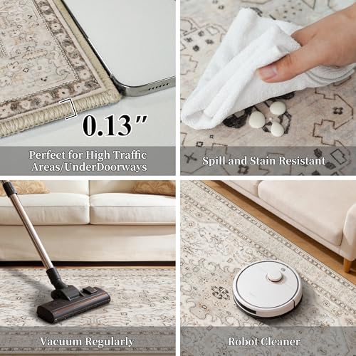 HILORUUG 4x5 Rug Entryway Washable: Non-Slip Oriental Area Rug for Bathroom Kitchen- Farmhouse Low Pile Stain Resistant Carpet Long Thin Front Door Mat (4x5 Ivory/Grey/Multi)