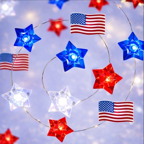BOHON 4th of July Decorations Battery Operated String Lights with Timer 13 ft 40 LEDs Red White and Blue Star American Flag Lights for Home Patriotic Memorial Independence Day Fourth of July Decor
