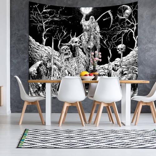 Black and White Goth Skull Tapestry for Bedroom, Gothic Skeleton Halloween Wall Tapestries Aesthetic, Horror Ghost Rider Night Sky Moon Dark Wall Hanging Decor for Living Room (51'' x 60'')