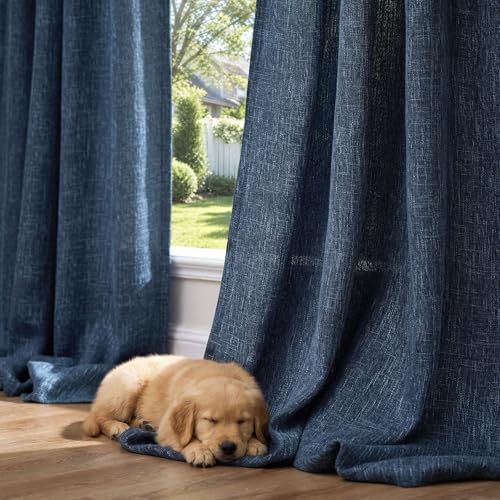 jinchan Burlap Linen Look Curtains 84 Inches Long Blue Textured Curtains for Living Room Light Filtering Farmhouse Curtain Panels Semi Sheer Country Rustic Bedroom Window Drapes Rod Pocket 2 Panels