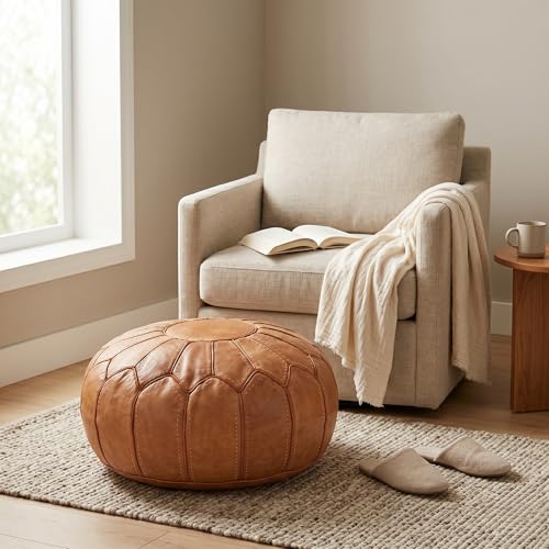 Moroccan Handmade Leather Pouf Ottoman — Round Genuine Leather Footstool, Hand-Stitched Unstuffed Pouf Cover for Living Room, Bedroom & Nursery (Cognac Brown)
