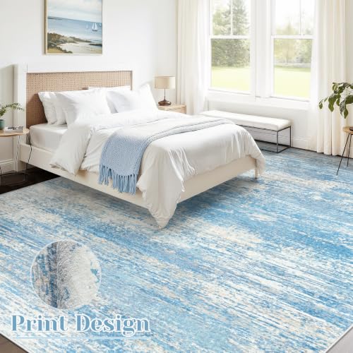Washable Rug 9x12 Area Rugs for Living Room: Large Neutral Soft Rug Abstract Non Slip Low Pile Modern Carpet for Bedroom Kitchen Nursery Office Dining Room Indoor (Lightblue, 9'x12')