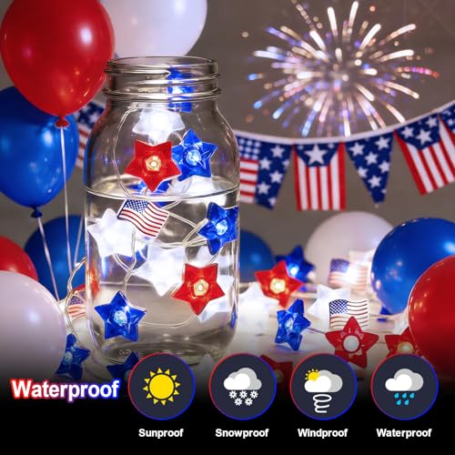 LAMPHOME Red White and Blue Patriotic String Lights, 16FT 50 LED 4th of July Decorations Battery Operated Fairy Lights with 8 Functions &Timer for Independence Day Memorial Day Home Decor