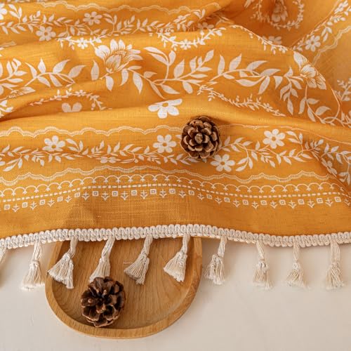 MYSKY HOME Boho Floral Curtains 84 inch Long 2 Panels Set Golden Mustard Yellow Farmhouse Curtains for Bedroom Living Room Light Filtering Semi Sheer Drapes with White Tassel Back Tab, 50" Wide