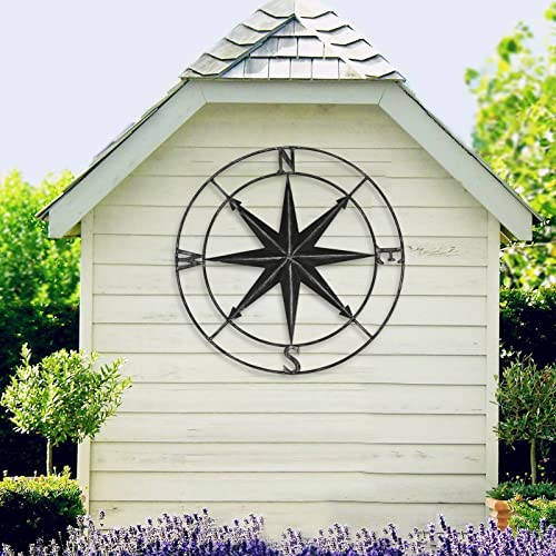aboxoo Round Metal Compass Decorative Compass Metal Wall Art Hanging Wall Sculpture 22.8 Inch Black Diameter Farmhouse Decor Indoor or Outdoor Sign